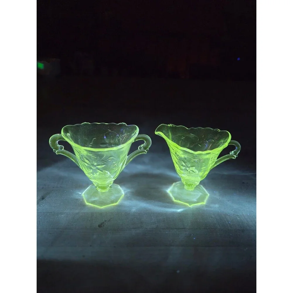 Vintage Fostoria Century Clear Creamer Sugar Set 365nm Manganese Glow